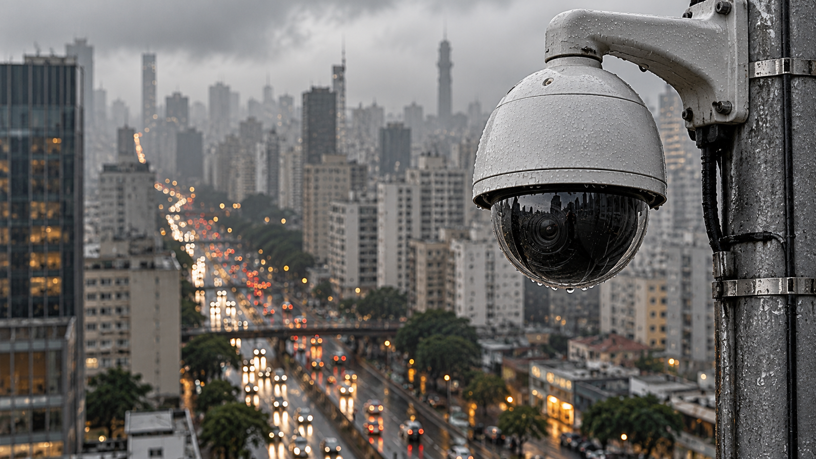 Cámara de videovigilancia bajo la lluvia con edificios y tráfico urbano al fondo.