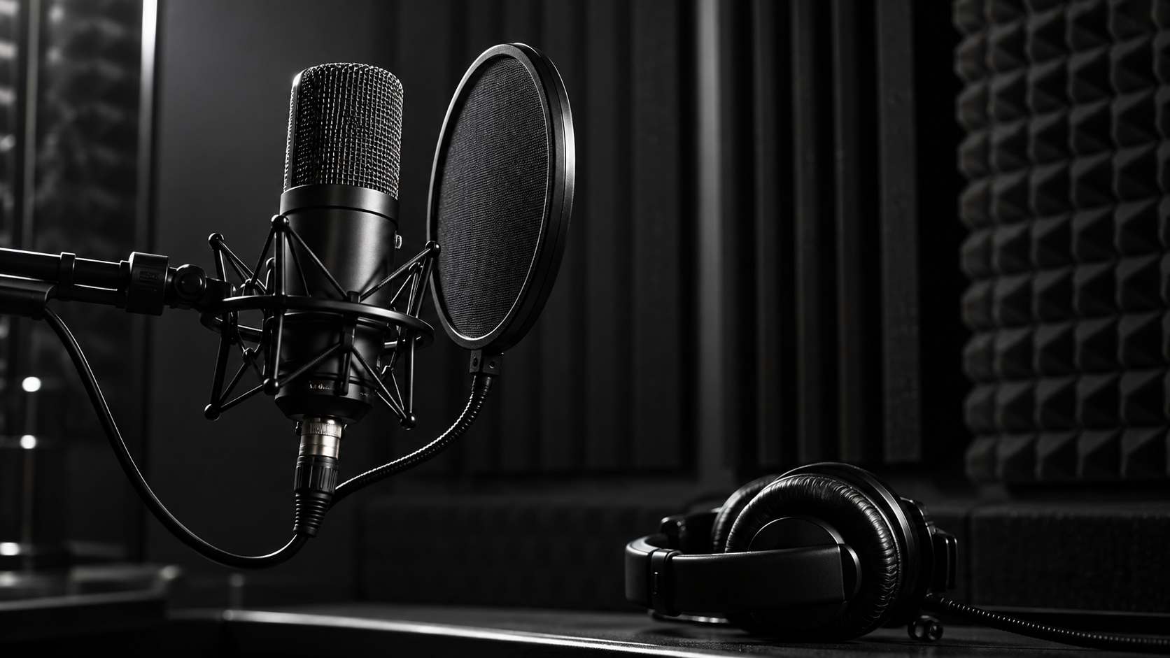 Micrófono de estudio y auriculares en una cabina de grabación oscura.