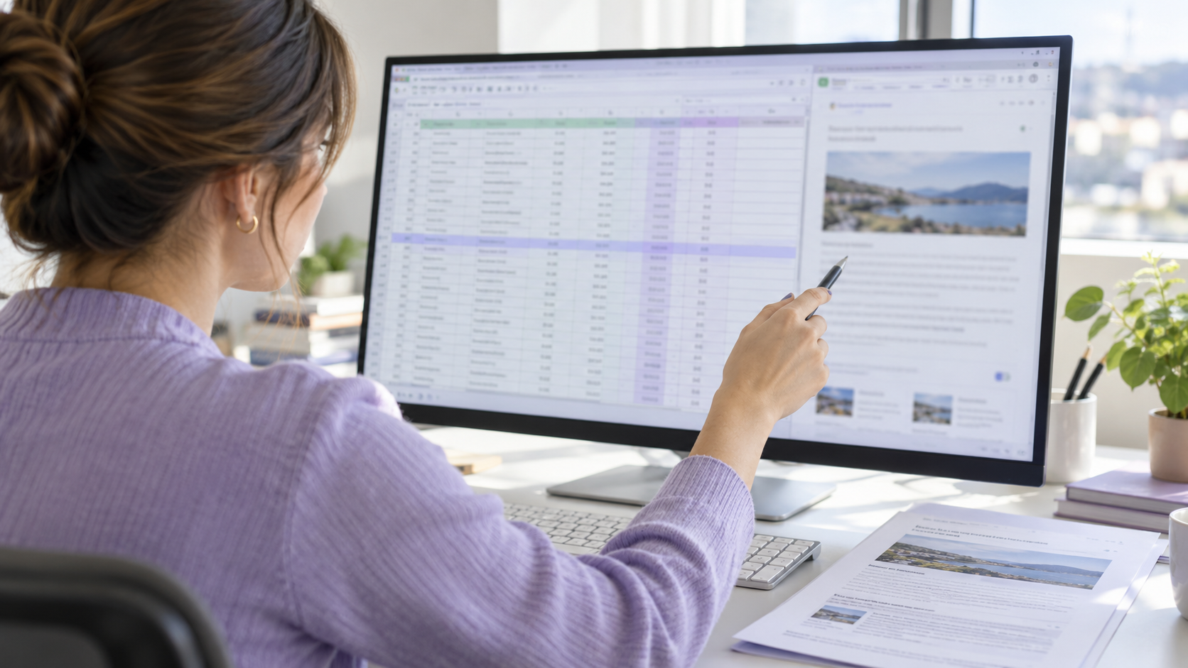 Persona comparando una planilla en pantalla con información de un documento.