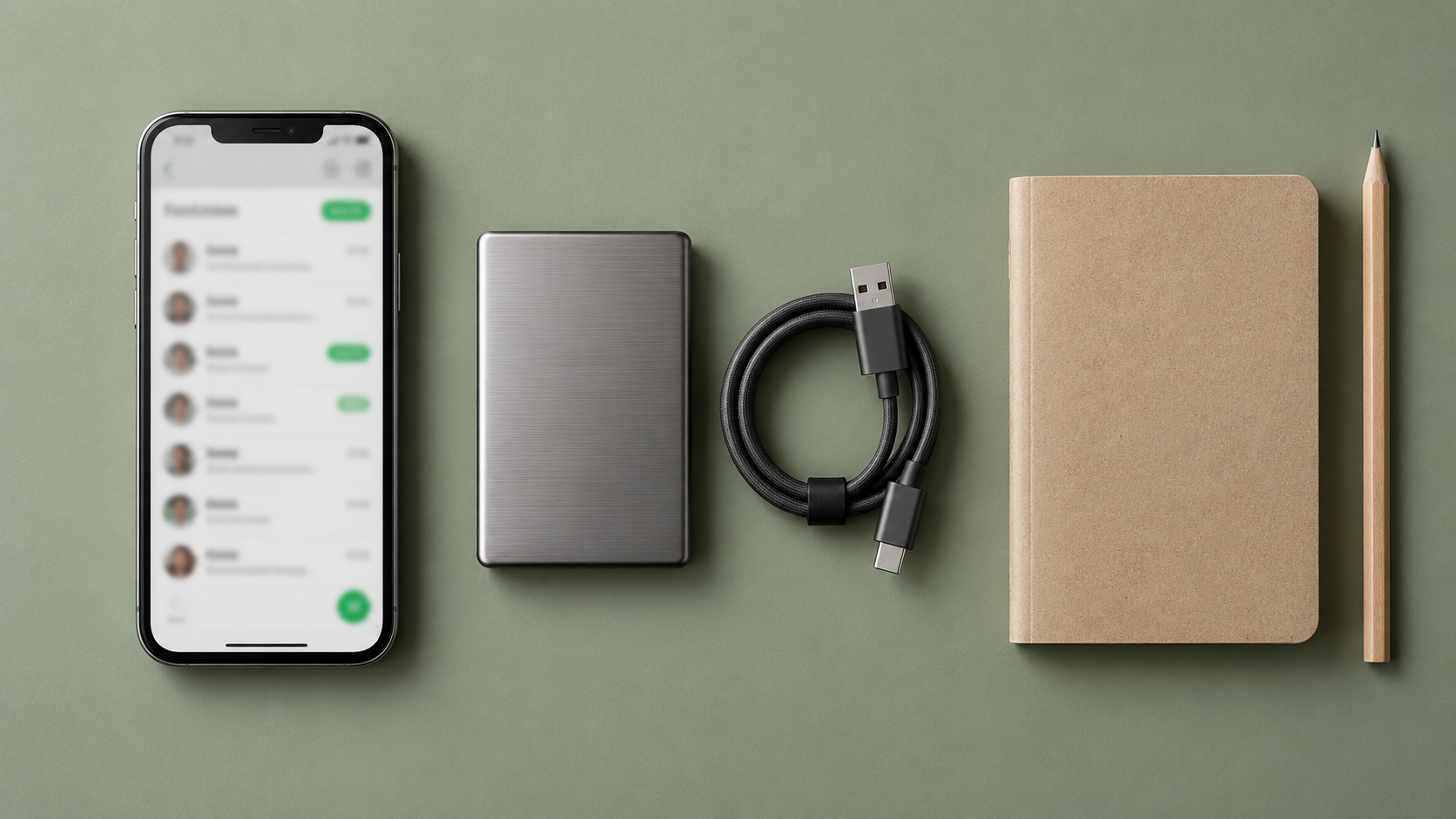 Teléfono, unidad externa de respaldo y cuaderno sobre un escritorio.