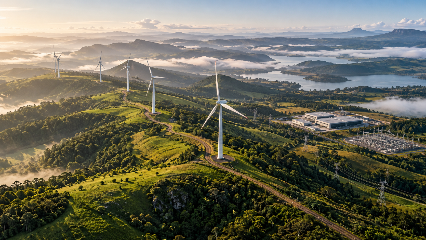 Aerogeneradores y líneas eléctricas sobre un paisaje verde junto a edificios industriales.