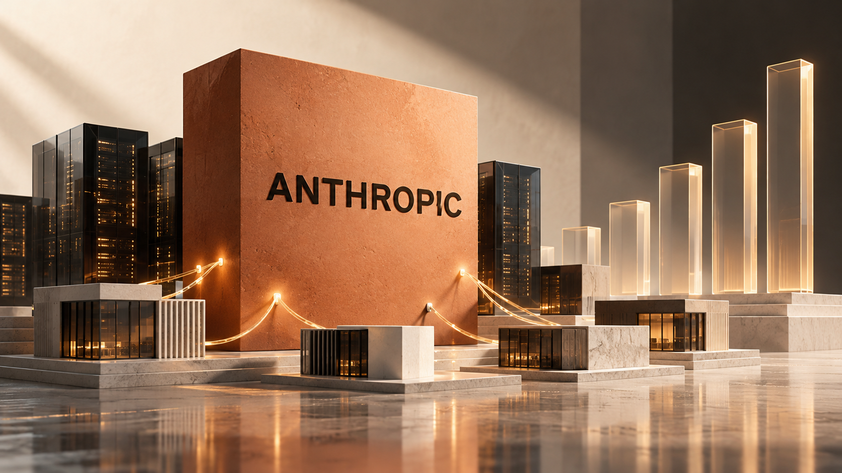Ilustración conceptual de Anthropic, su crecimiento financiero y la conexión con empresas que utilizan sus modelos de inteligencia artificial.