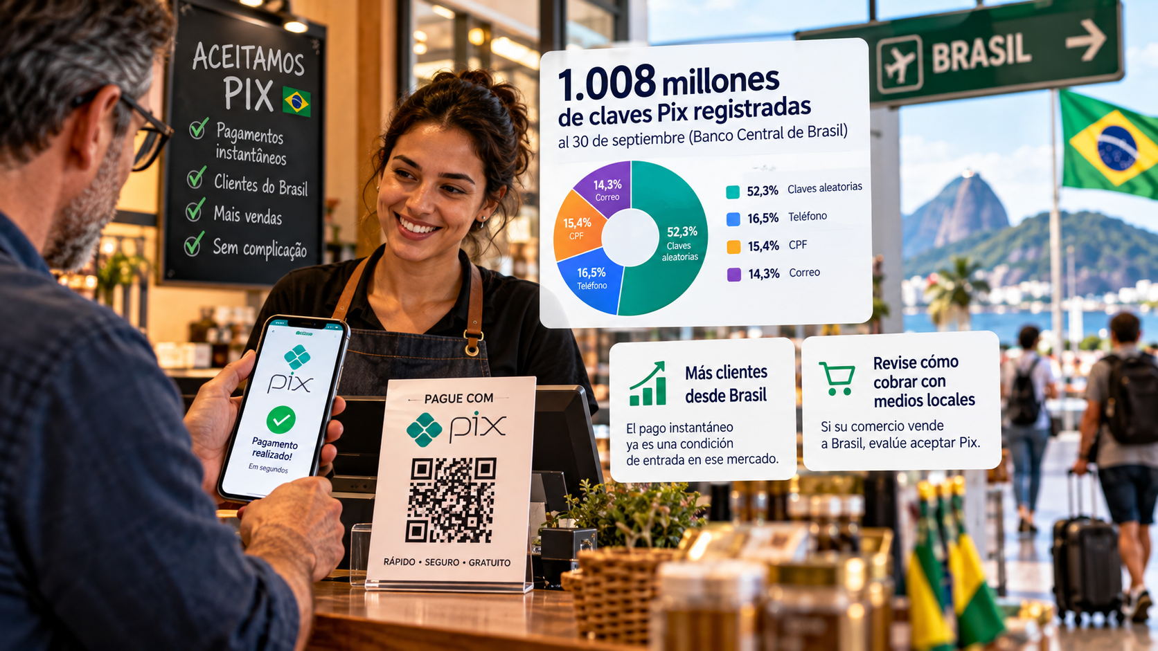 Evalúe aceptar Pix: la plataforma brasileña superó los 1.000 millones de claves registradas Al 30 de septiembre había 1.008 millones de claves Pix, según el Banco Central de Brasil. El 52,3 % son claves aleatorias; siguen el teléfono (16,5 %), el CPF (15,4 %) y el correo (14,3 %). Para vender más: si su comercio vende a Brasil, revise cómo cobrar con medios locales. Qué significa para su empresa: el pago instantáneo masivo ya es una condición de entrada en ese mercado.