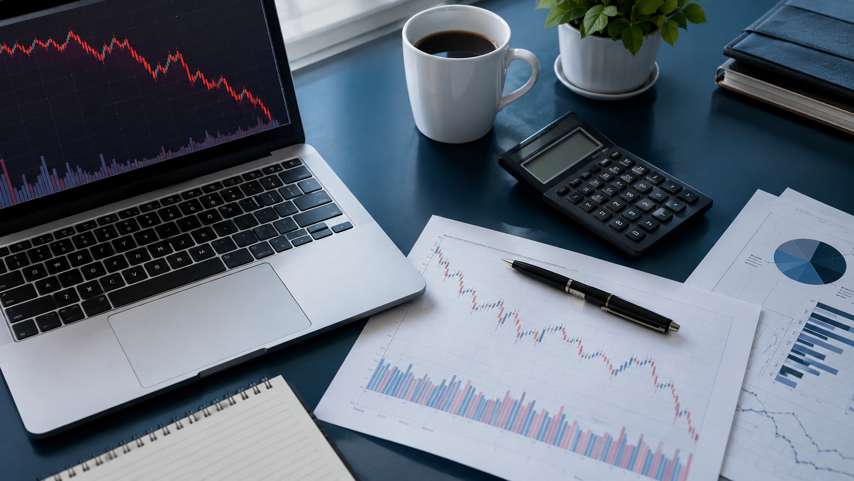 Mesa de análisis financiero con una gráfica bursátil descendente.