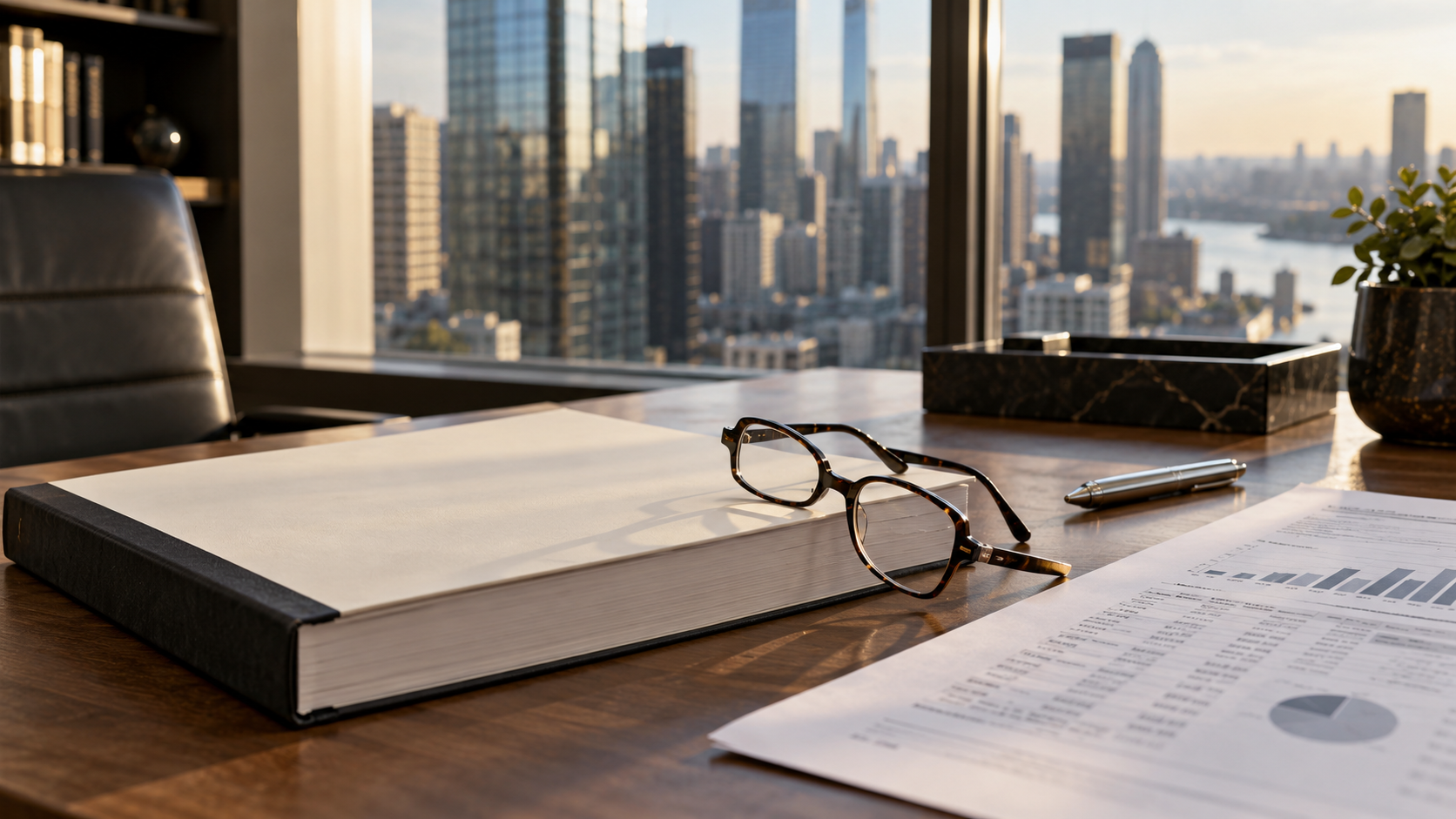 Documento financiero encuadernado, lentes y gráficos sobre un escritorio.