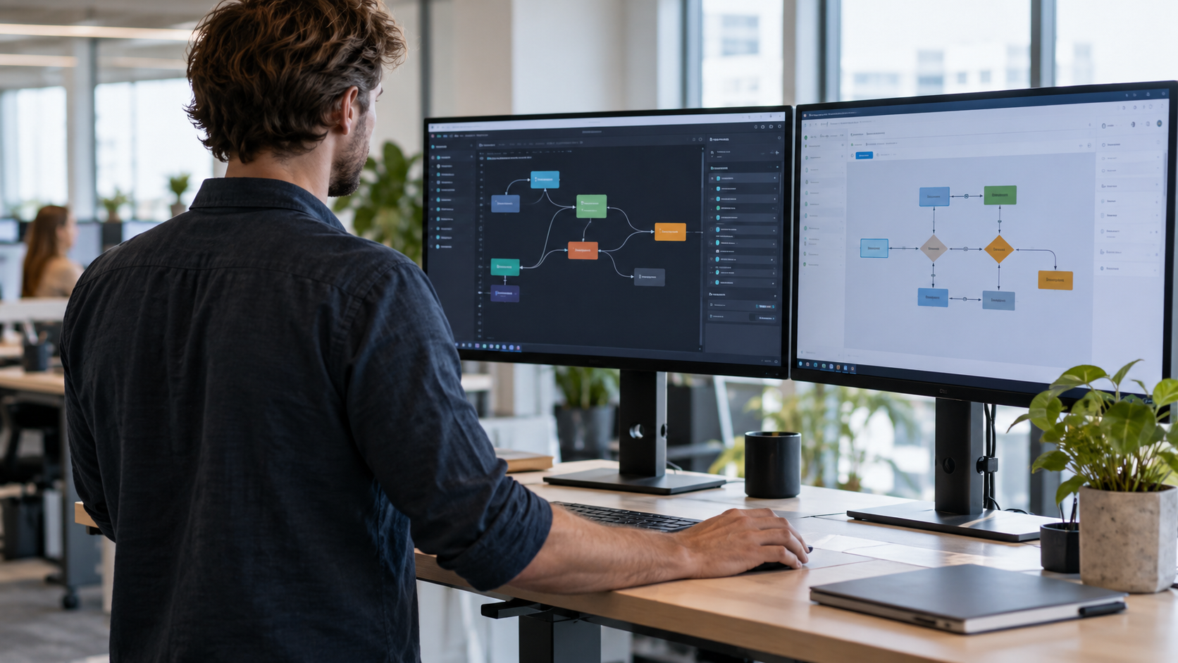 Desarrollador revisando diagramas de flujos de trabajo en dos monitores.