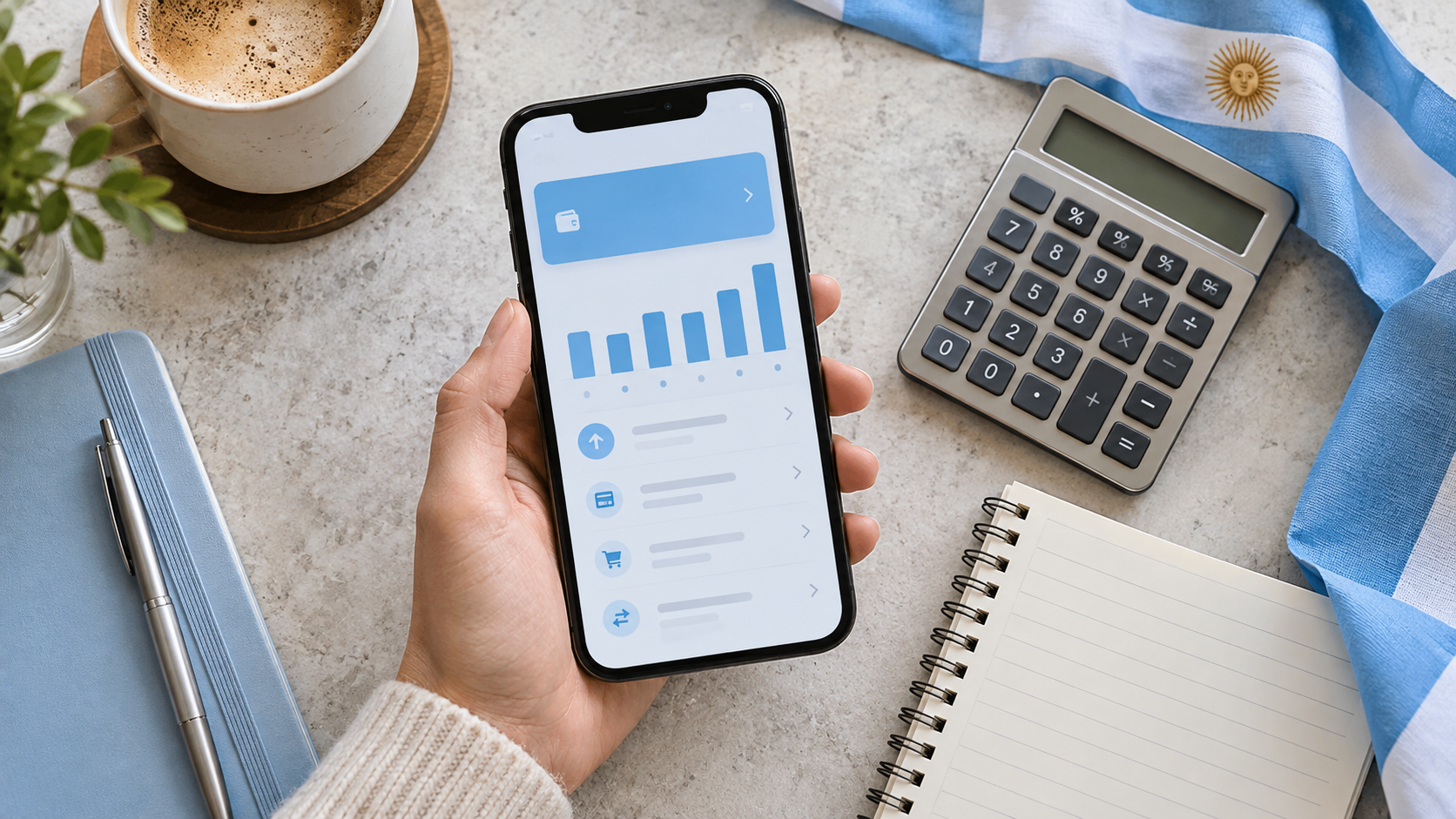 Consulta de una aplicación financiera en un celular junto a una calculadora y una bandera argentina.