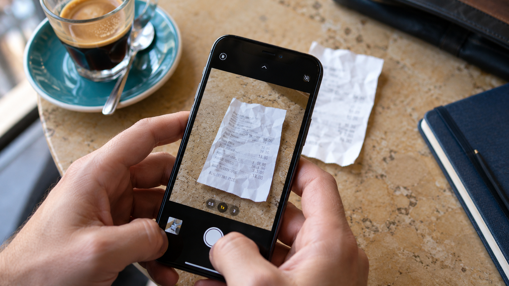 Manos fotografiando un comprobante de gastos con un celular sobre la mesa de un café.