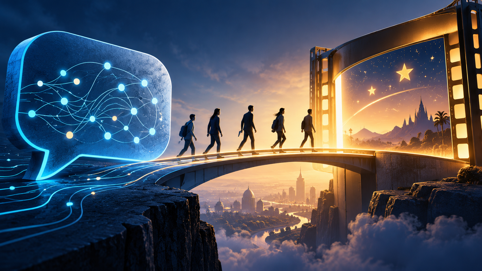 Ilustración conceptual de un equipo que cruza un puente entre la IA conversacional y la industria del entretenimiento.