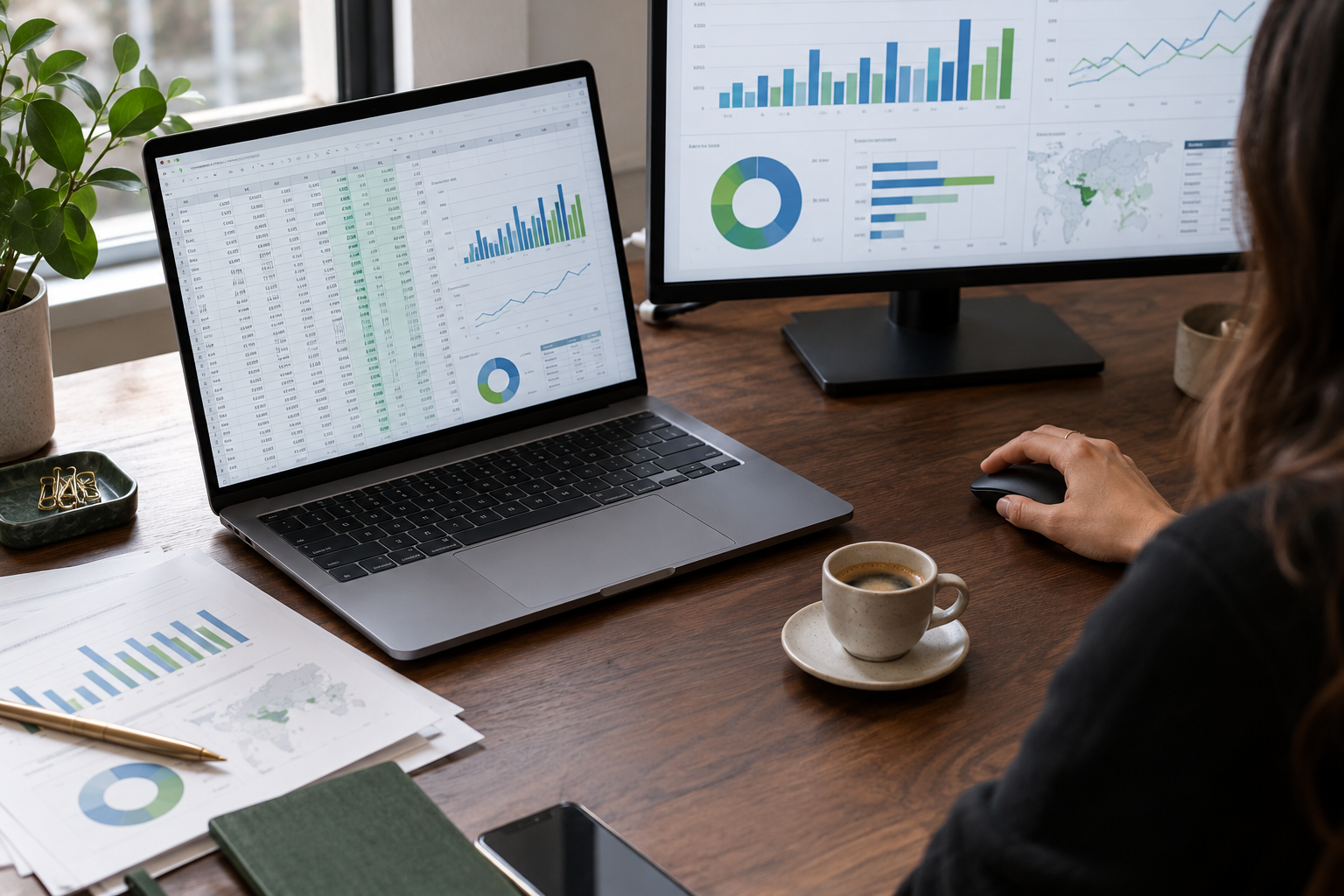 Analista trabaja con una hoja de cálculo y tableros de datos.