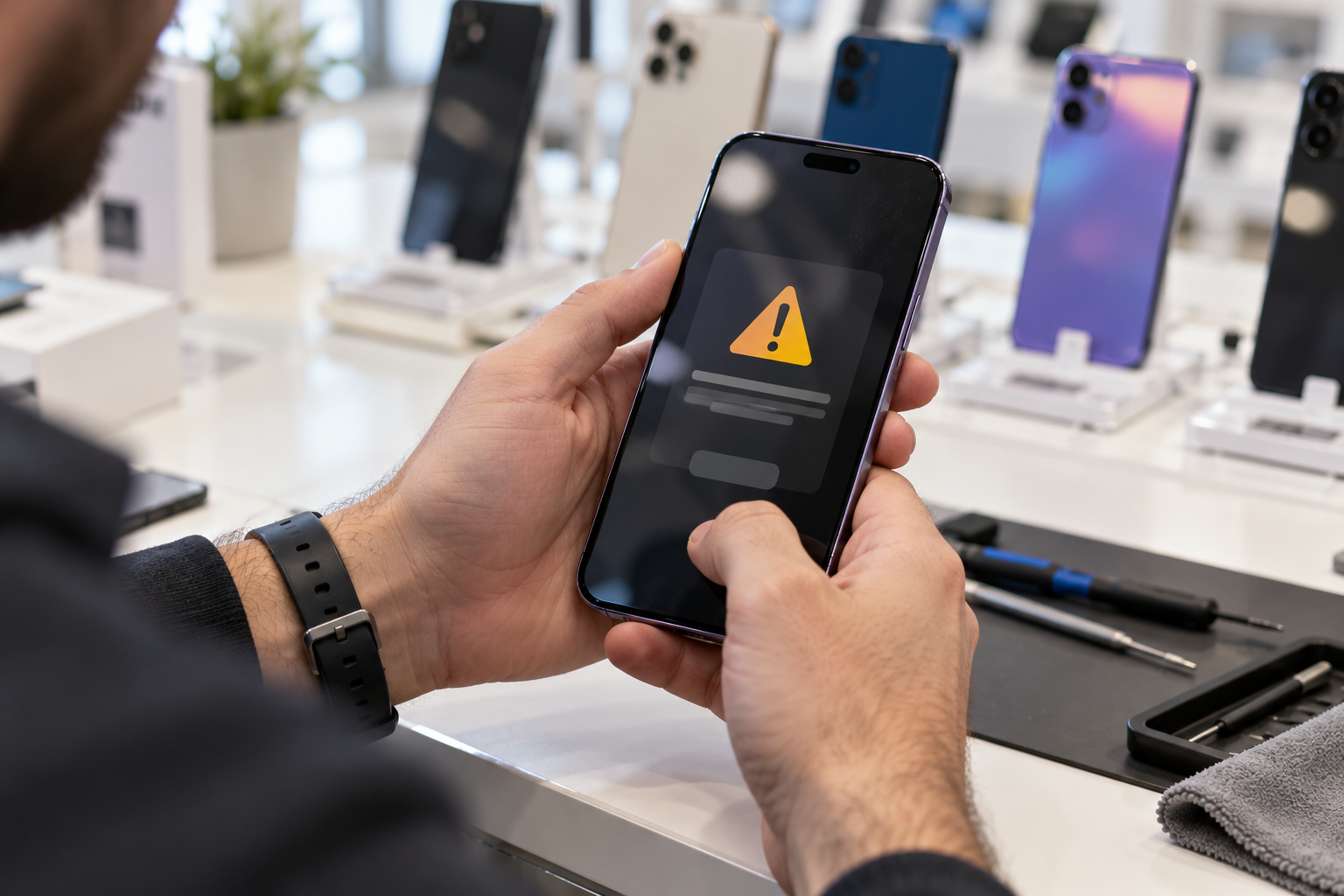 Técnico revisa una alerta en un teléfono en una tienda de celulares.