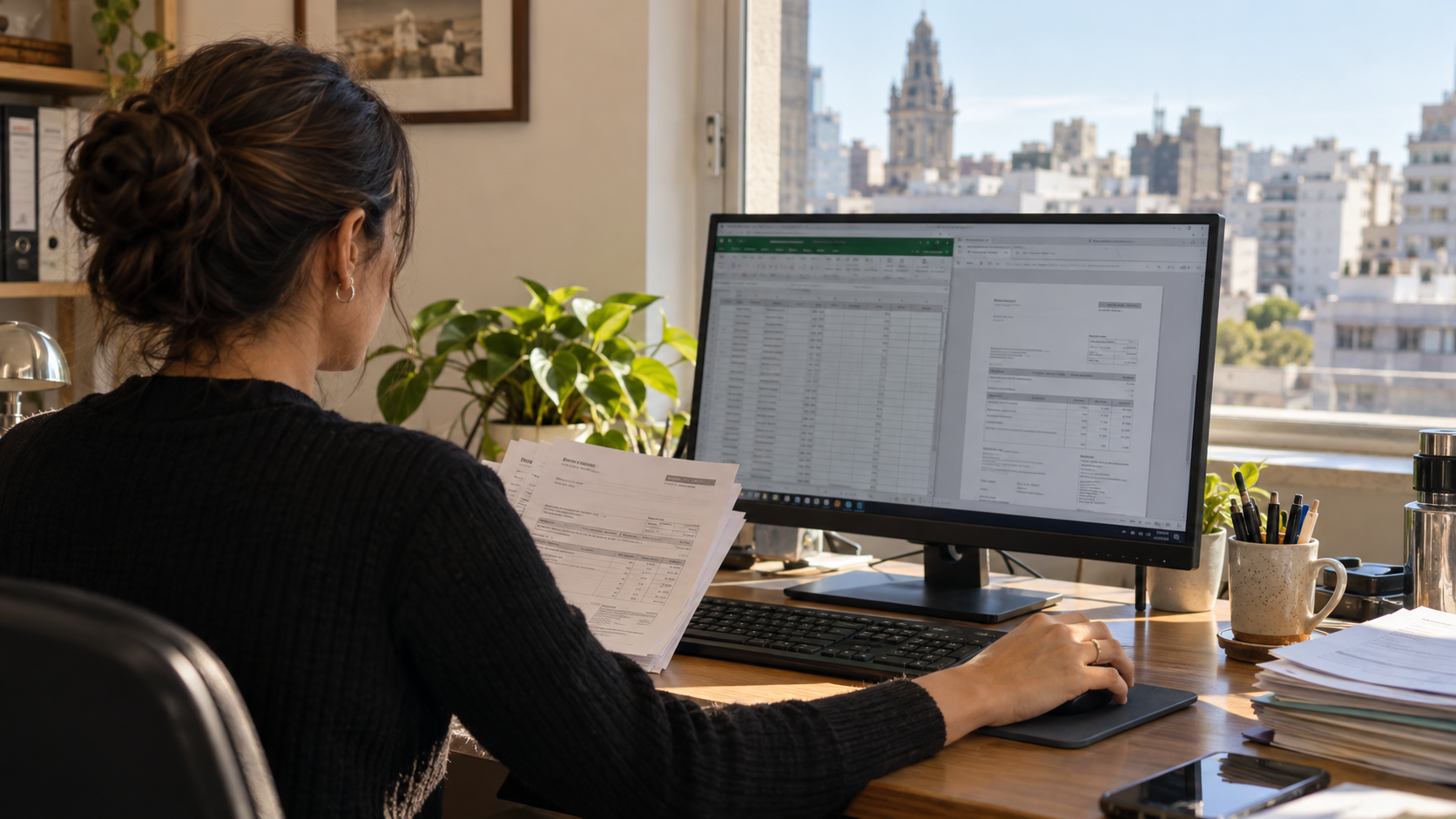 Profesional comparando facturas con una planilla y un formulario en una computadora de oficina.