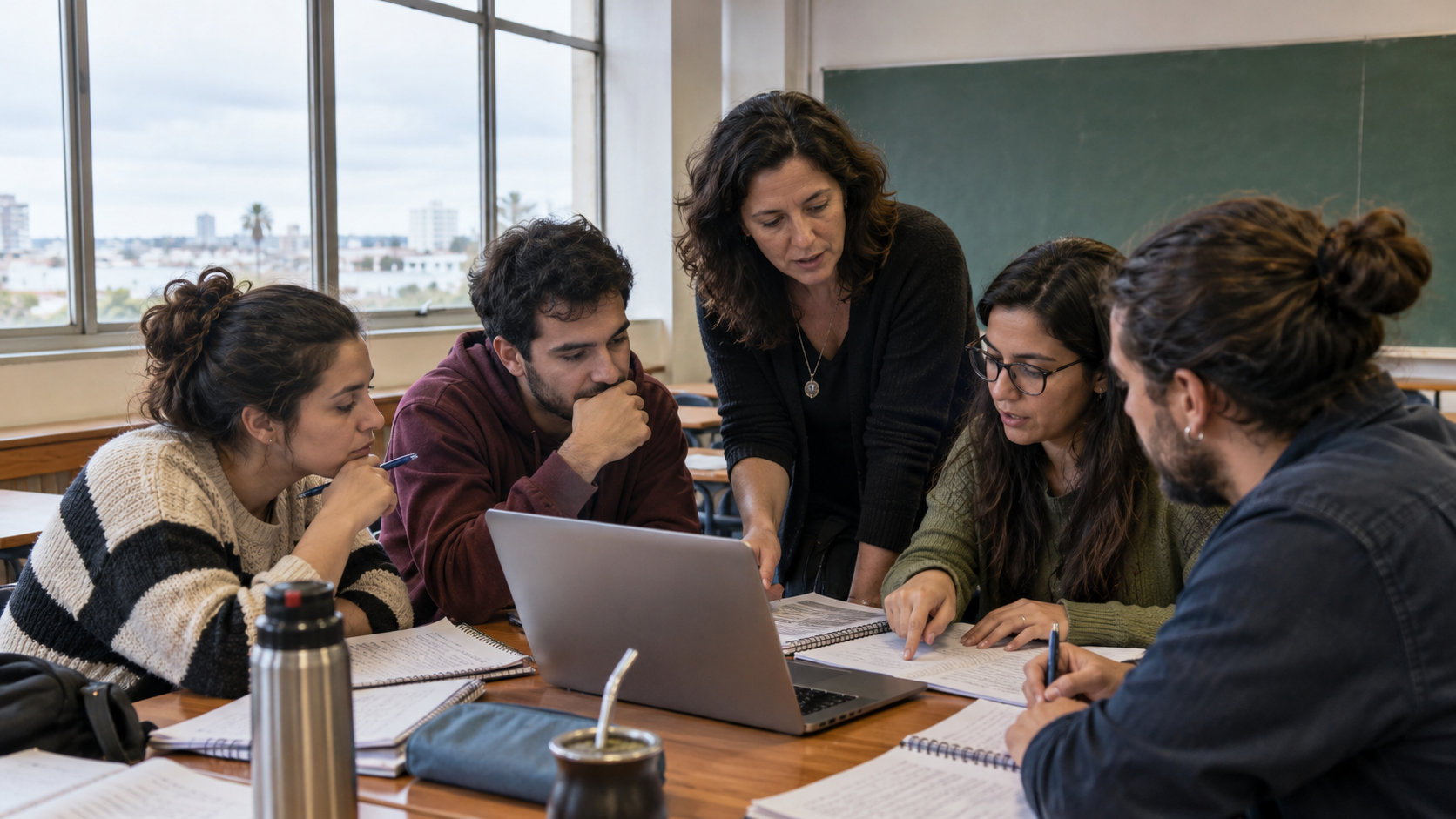 Docente y estudiantes adultos trabajando con una computadora y cuadernos en un aula.