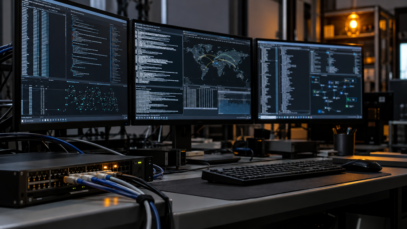 Estación de pruebas de ciberseguridad con monitores y equipos de red. Imagen ilustrativa generada con IA.