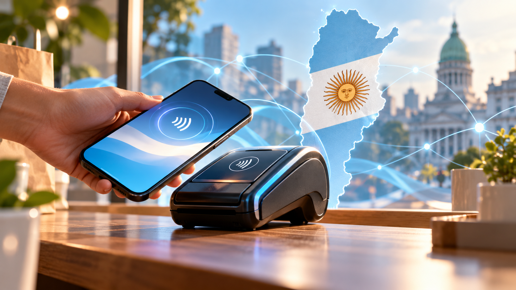 Ilustración de un pago sin contacto con celular y terminal, con motivos de Argentina.
