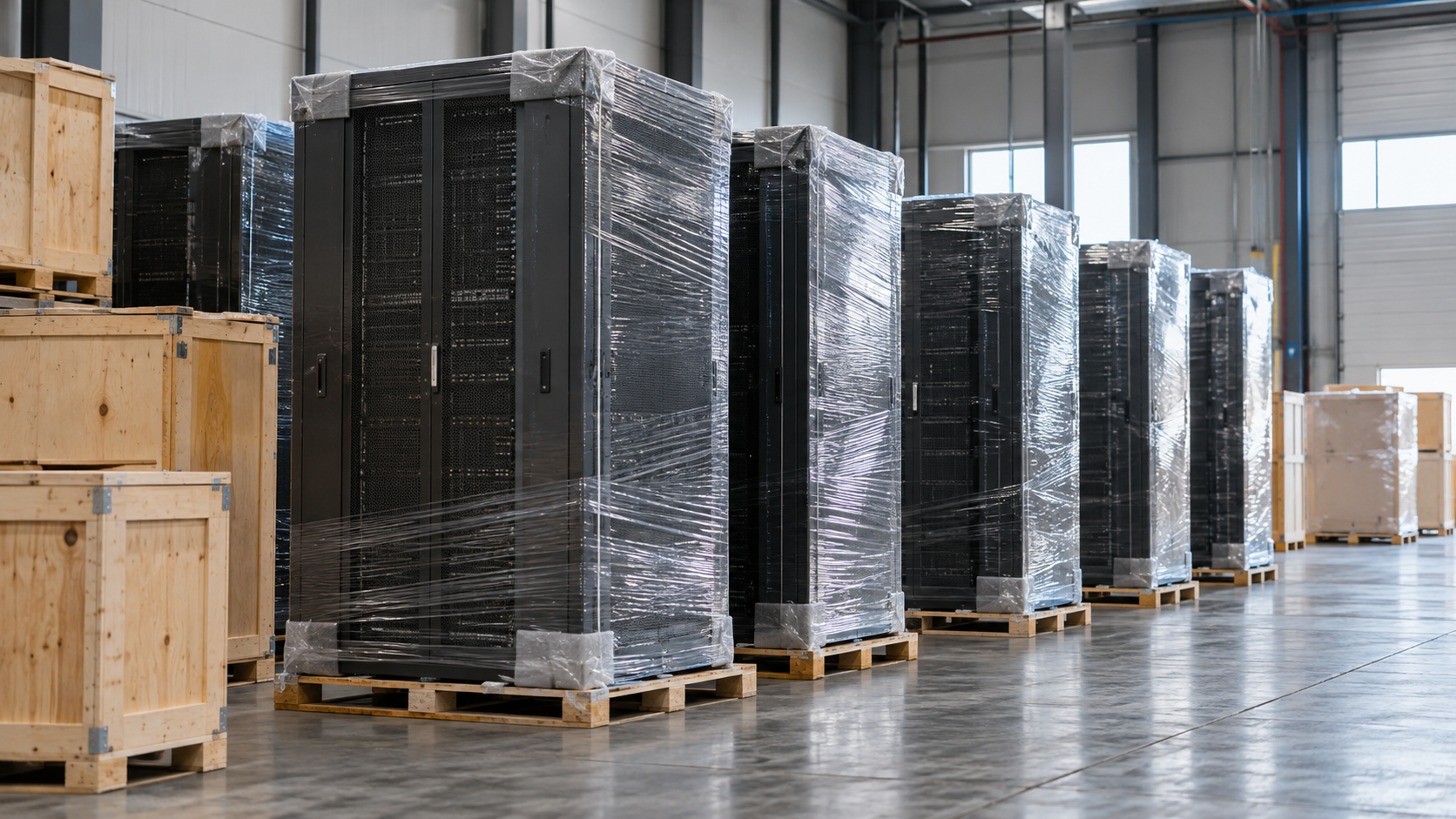 Racks de servidores embalados en un depósito industrial. Imagen ilustrativa generada con IA.