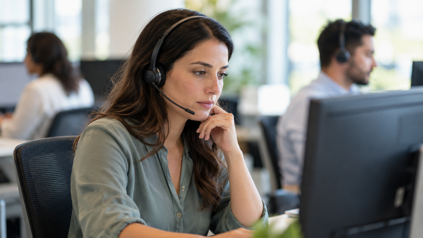 Especialista de atención al cliente revisando una consulta con auriculares.