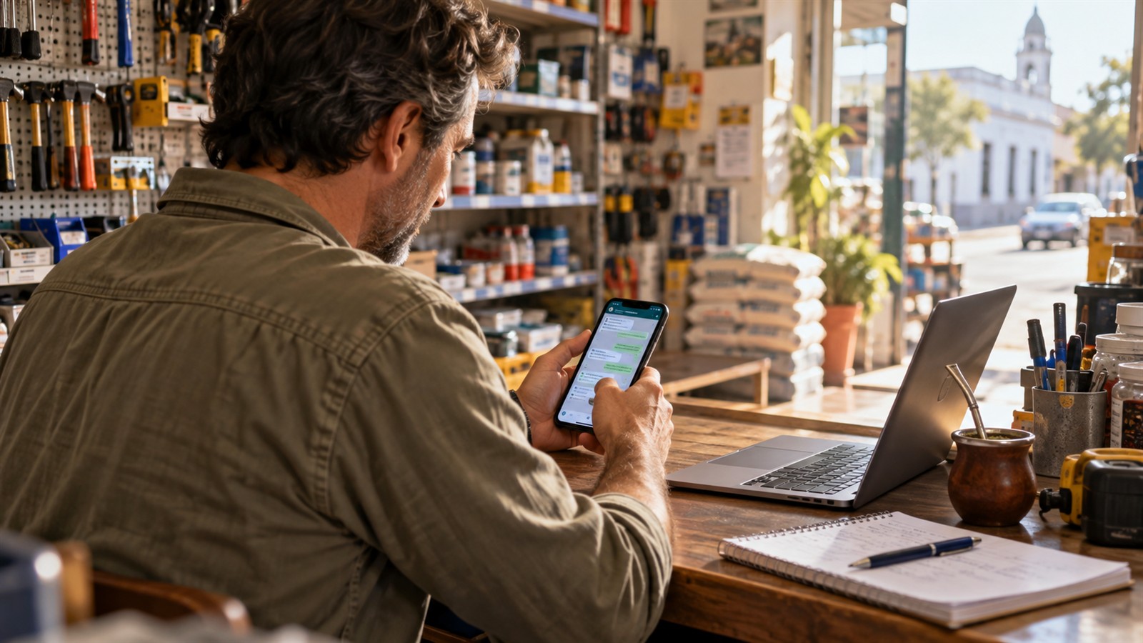 Comerciante de una ferretería revisando consultas por chat en su teléfono junto a una computadora. Ilustración generada con IA.