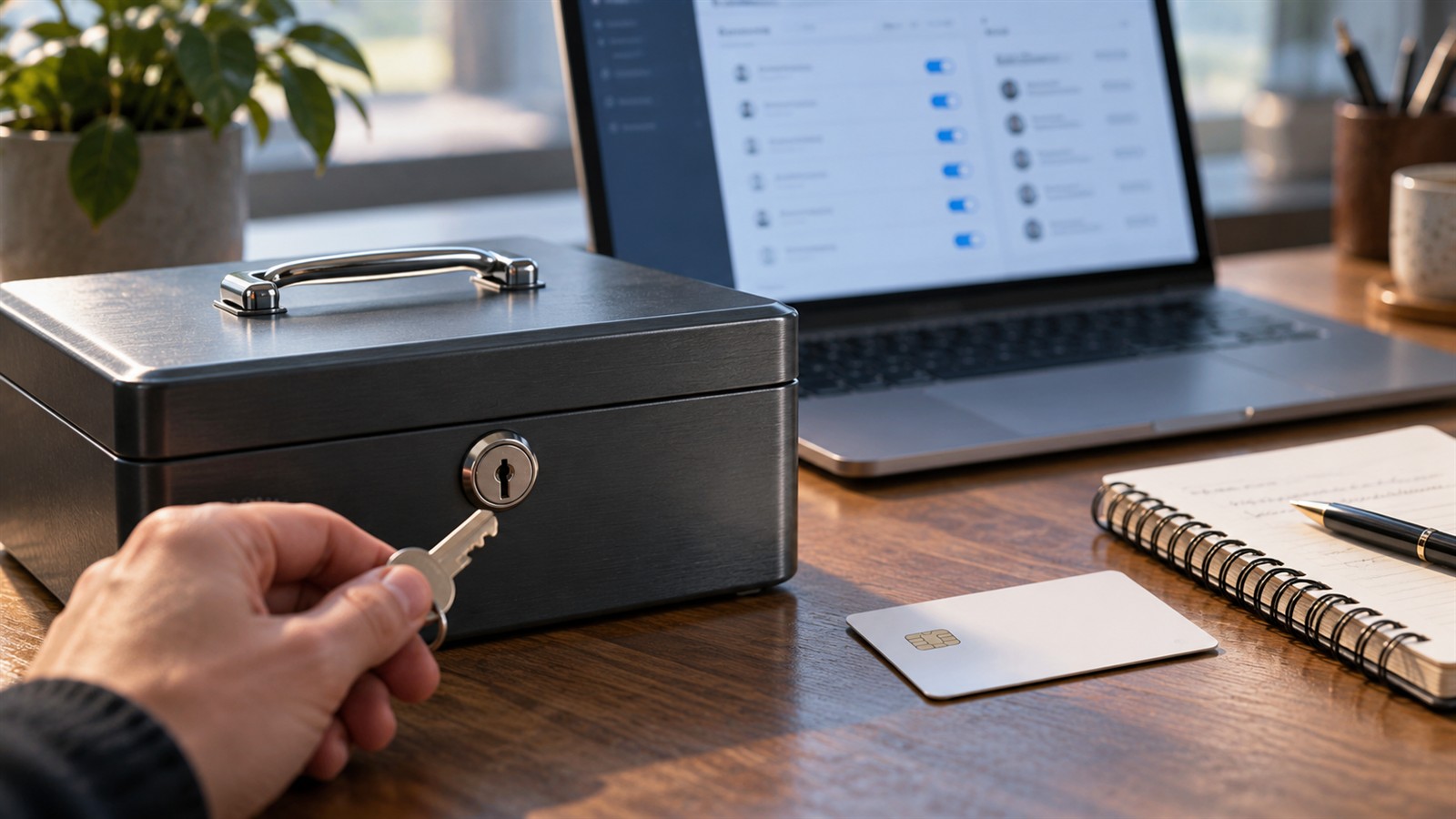 Mano con una llave frente a una caja de seguridad y una computadora con controles de acceso. Ilustración generada con IA.