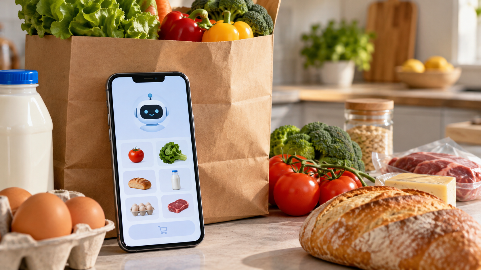 Un teléfono con un asistente de compras junto a una bolsa de alimentos. Imagen ilustrativa generada con IA.